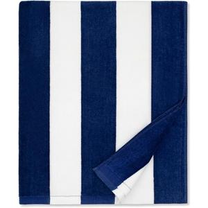 cabanana Large Beach Towel Oversized - Cotton Velour 35 x 70 Inch Blue Grey Striped Terry Pool Towel, Cabana Soft Swimming Towel for Adults Women Men (Navy Grey)