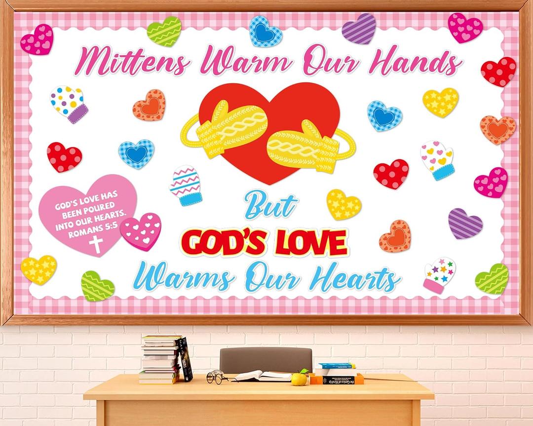 4 x Valentine's Day Religious Bulletin Board Set God's Love Classroom Decorations Valentines Day Religious Bible Paper Cutouts Colorful Mittens Love Heart Bulletin Board for School Church Teacher Supplies