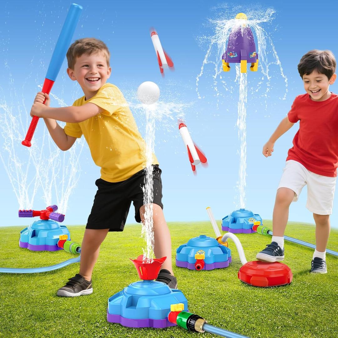 4-in-1 Water Sprinkler Baseball Toy, Water-Spraying Rocket, Water Baseball, Rocket Launch Game, Spinning Water Sprayer Outdoor Summer Toys for Boys Girls Outside Water Game Toys for Kids 3-12
