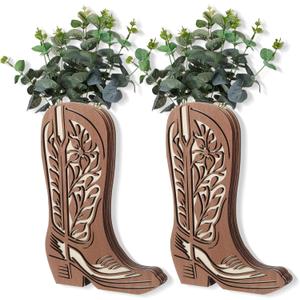Havawish 2 Pcs Wood Cowboy Boots Wall Planter for Indoor Plants 12 x 8'' Cowboy Boot Flower Vase Hanging Pocket Vases for Flower Faux Greenery Wood Wall Decor for Bathroom Bedroom (Vivid Retro)