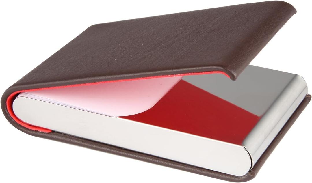 Stainless Steel Leather Business Card Holder - Magnetic Case, Suitable for Business, ID & Credit Cards (Brown)