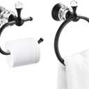WOLIBEER Crystal Towel Ring,Matte Black Toilet Paper Holder Stand Hand Towel Holder Towel Hook Tissue Roll Paper Holder Towel Hanger Bathroom Hardware 2 Pieces Sets Wall Mounted