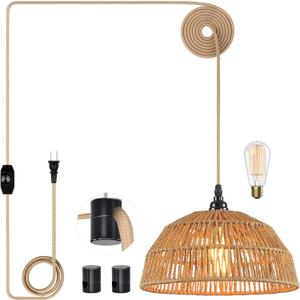 Plug in Pendant Light, Hanging Lights with 15ft Golden Cotton Cord & Stepless Dimming Switch, Handwoven Hemp Rope Lampshade, Boho Hanging Lamp for Kitchen, Hallway (Bulb & 2 Swag Hooks Included)