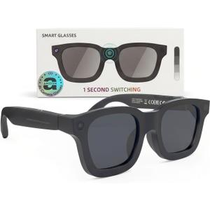 Ai Smart Glasses with Camera, Electrochromic Lens, 8MP HD Anti-Shake Bluetooth Camera Glasses, 1080p Video Recording, Real Time Translation Open Earbuds , Voice Assistant, Sunglasses for Men Women (Black)