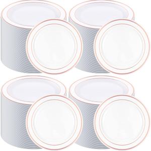 200 Pieces Disposable Plates Plastic Party Plates with Rim Hard Plastic Appetizer Salad Dessert 7.5 Inch Elegant Heavy Duty Tableware for Dinner Wedding Party Supplies(Rose Gold Rim)