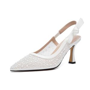 Beauty Cry Womens White Pearl Heels Pointed Closed Toe Slingback Bow Pumps for Wedding Party Date, 38