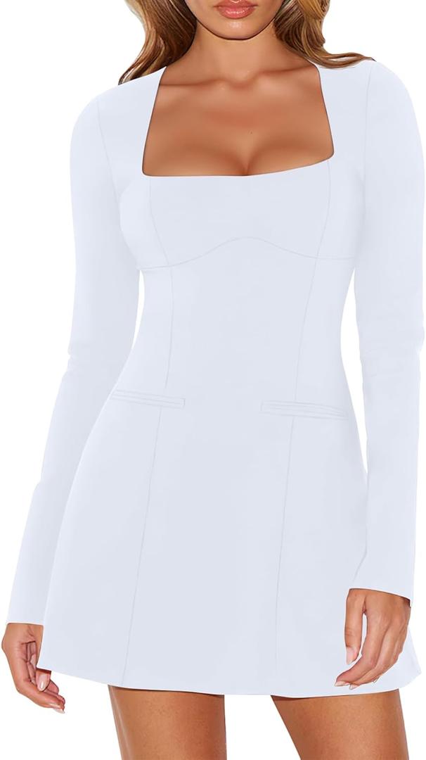 DAAWENXI Women's Casual Square Neck Mini Dress Long Sleeve A line Party Club Short Dress (White, M)