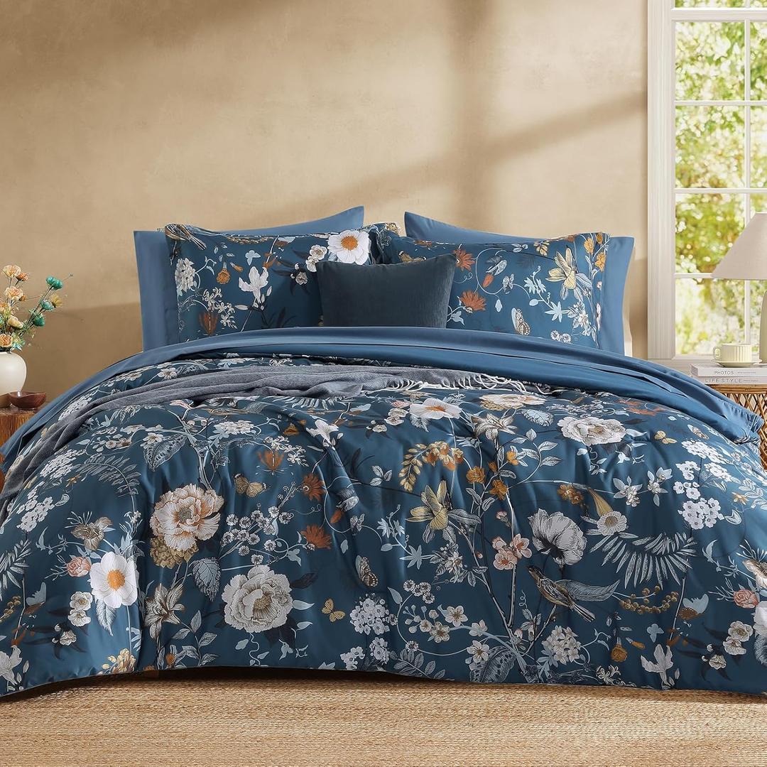 CASAAGUSTO King Size Comforter Set - 7 Pieces Blue Floral Bedding Sets, King Bed in a Bag with Botanical Butterfly Comforter, Sheets, Pillowcases & Shams for All Seasons