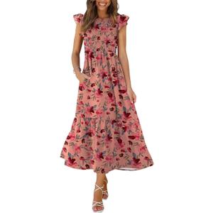 OFEEFAN Women's Casual Maxi Dresses with Pockets Ruffle Sleeve Smocked Dress (Medium, 16- Pink Floral)