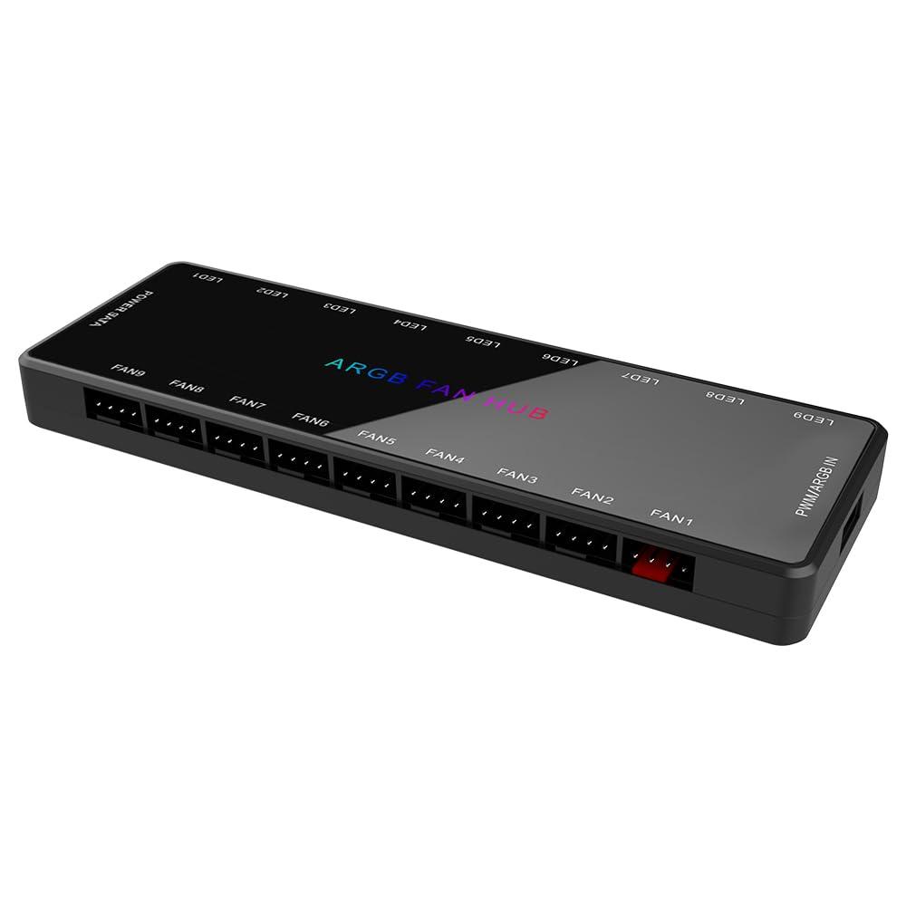SHAKING TANK ARGB and PWM Fan hub,9 Ports RGB Hub,1 to 9 Multi Way Magnetic backplane Splitter 5V/3PIN Case Fan Hub Adapter PWM ARGB Fan Black