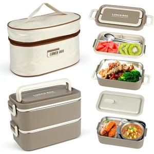Bento Box Adult Lunch Box, Portable Insulated Lunch Containers Set, 2-Tier Stackable Stainless Steel Bento Boxes with Thermal Lunch Bag Soup Bowl, Leakproof Food Container (Beige)