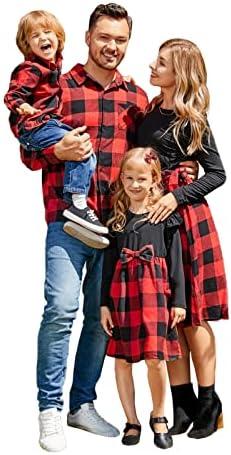 PATPAT Family Matching Outfits Mommy and Me Dresses Matching Set Long Sleeve Plaid Midi Dress and Casual Button Down Shirts XL