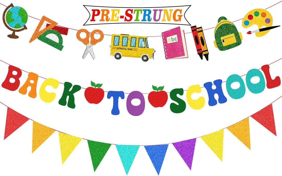 3 x Pre-Strung Back to School Banner Decorations, Welcome Back to School Sign | First Day of School Garland Decorations, No Glitter Mess, No Tangled, 350G Cardstock, 9.8FT/3M String, Ideal for Home Office