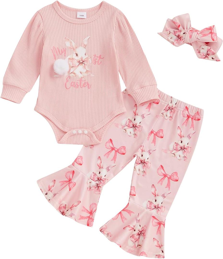 Afunbaby My First Easter Baby Girl Outfit Newborn Onesie Bow Shirt Bunny Romper Bell Botton Pants Summer Clothing Set (Pink)
