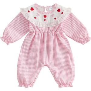 Baby Girl Smocked Romper Heart Embroidery Plaid Jumpsuit Lace Long Sleeve Bodysuit My First Valentines Outfit (Pink, 3-6 Months)
