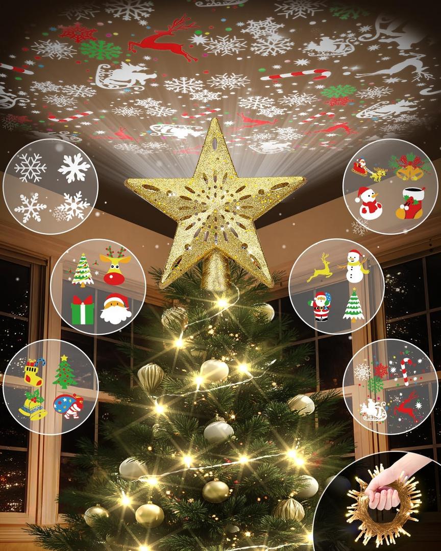 Christmas Tree Topper Star Lighted with Warm Christmas Light Cord, Built-in 6 Projected Patterns, 3D Glitter LED Rotating Lights for Party Holiday Xmas Decorations Gifts (Gold)