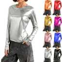 Metallic Tops for Women Long Sleeve Shimmer Disco Party T-Shirt Slim Going Out Club Sparkly Blouses Concert Outfit (Medium, #C08-silver)