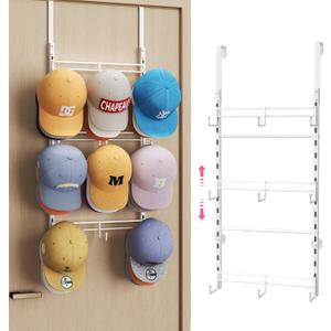 SWTYMIKI Over Door Hat Organizer - 3 Tier Metal Adjustable Wall Mounted Hat Rack with 9 Hooks Design, Hanging Baseball Cap Organizer Storage Holds up to 27 Caps for Door, Bedroom, Closet