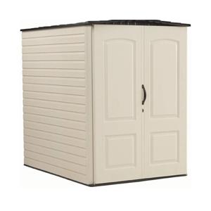 Rubbermaid Large Vertical Resin Outdoor Storage Shed With Floor (6.2 x 4.6 Ft), Weather Resistant, Beige/Brown, Organization for Home/Backyard/Garden Tools/Lawn Mower/Bike Storage/Pool Supplies