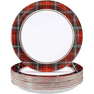Greencian 50Pcs Christmas Paper Plates 10" Large Disposable Red Black Gingham Paper Platters Christmas Plaid Dessert Plates for Winter Xmas Theme Party Supplies