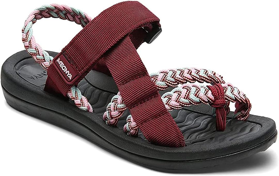 MEGNYA Comfortable Flip Flop Sandals for Women, Flexible and Durable Hiking Sandals for Adventure, Arch Support Shoes with Hook and Loop Firm Straps Bordeaux Size 10