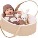 UZIDBTO 12" Baby Dolls with Carrier Bassinet,Newborn Alive Doll with Accessories and Knit Clothes Includes Pacifier,Bunny Toy,First Baby Doll for Toddlers 3 Ages and Up