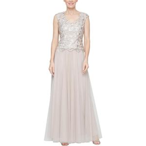 Alex Evenings Women's Long V-Neck Embroidered Mother of The Bride Dress W/Cap Sleeves, Full Skirt (Size 8 Petite)