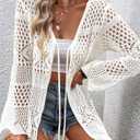 Women Crochet Cardigan Lightweight Tie Front Hollow Out Long Sleeves Summer Knit Cover Cardigans, XL