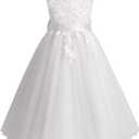 Flower Girl Dress for Wedding Tea Length Lace Applique Tulle Princess Kids Birthday Pageant Party Gown with Bow-Knot