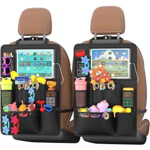 Backseat Car Organizer with Touch Screen, Kick Mats Back Seat Protector with 10 Storage Pockets, Car Seat Back Organizers Storage for Snacks, Drinks, Toy, Umbrellas for Kids Road Trip
