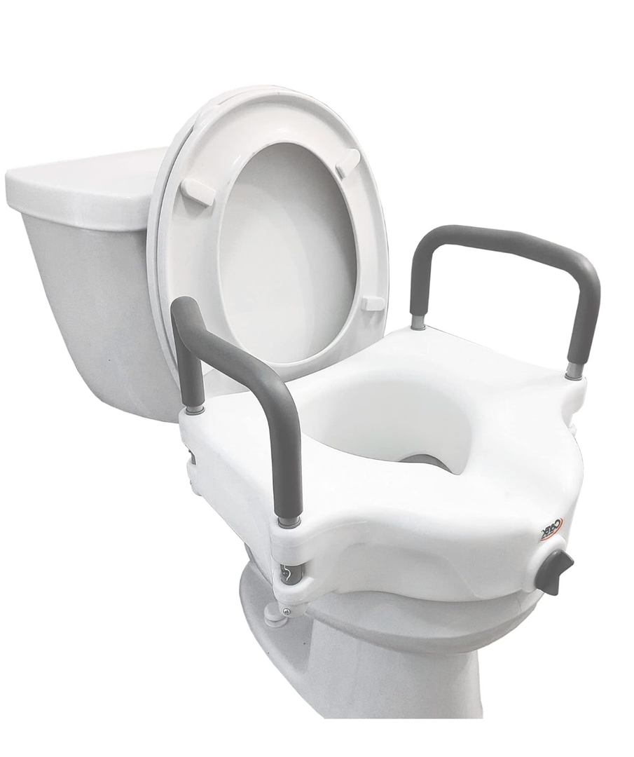 4.5 Inch Raised Toilet Seat with Arms - for Elongated Toilets, Elevated Toilet Riser with Removable Padded Handles, Easy On and Off, 300lb Weight Capacity, White