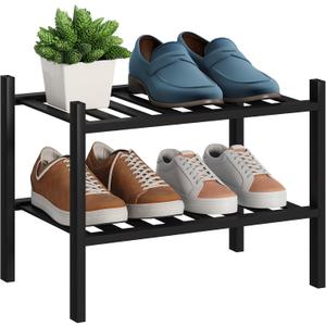 BMOSU 2-Tier Bamboo Small Shoe Rack Premium Stackable Shoe Shelf Storage Organizer for Hallway Closet Living Room Entryway Organizer (Black Bamboo)