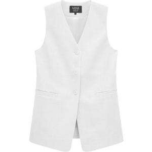 Mina Self 2025 Women's Summer Linen Vest Blazer Long Y2K Lightweight Fully-Lined V-Neck Fashion Casual Jackets Tops Pockets (Medium, White)