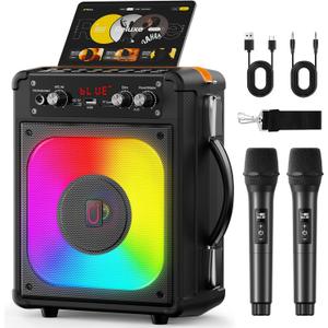 HWWR Karaoke Machine, Portable Bluetooth Speaker with 2 Wireless Microphones for Adults & Kids,Singing Machine for Parties and Gatherings, PA System Supports TWS/USB/TF/REC/AUX and TV Connected