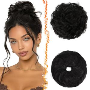 BARSDAR 2 PCS Black Messy Bun Hair Piece - Elastic Black Messy Bun Scrunchie for Women - Natural Looking Thick Soft Synthetic Large Fluffy Updo Hair Extensions Chignons Scrunchie Hairpieces Daily