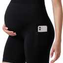 Momcozy Women Seamless Knit Maternity Biker Shorts with Pocket 6" Over Belly High Waisted Thick Pregnancy Yoga Shorts (Black, XL)