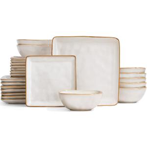 Famiware Dinnerware Sets for 8, Ocean Square 24-Piece Kitchen Plates and Bowls Sets, Microwave and Dishwasher Safe, Scratch Resistant, Cappuccino White