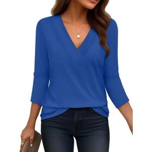Bliwov Womens Fall Tops V Neck 3/4 Sleeve Outfits Loose Fit Soft Plus Size Clothes Business Casual Beach Oversize T Shirts (Large, Royal Blue)