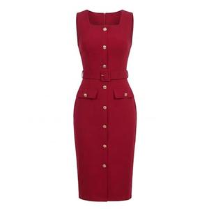 Allegra K Work Dress for Women's Sleeveless Square Neck Formal Belted Bodycon Midi Dress Medium Red