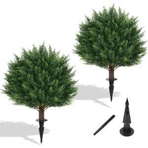 Artificial Set of 2 Cedar Topiary Ball Trees 23" for Outdoors with Ground Spike, UV Resistant Faux Cypress Plants, Evergreen Shrubs Bushes for Front Porch Garden Backyard Decor