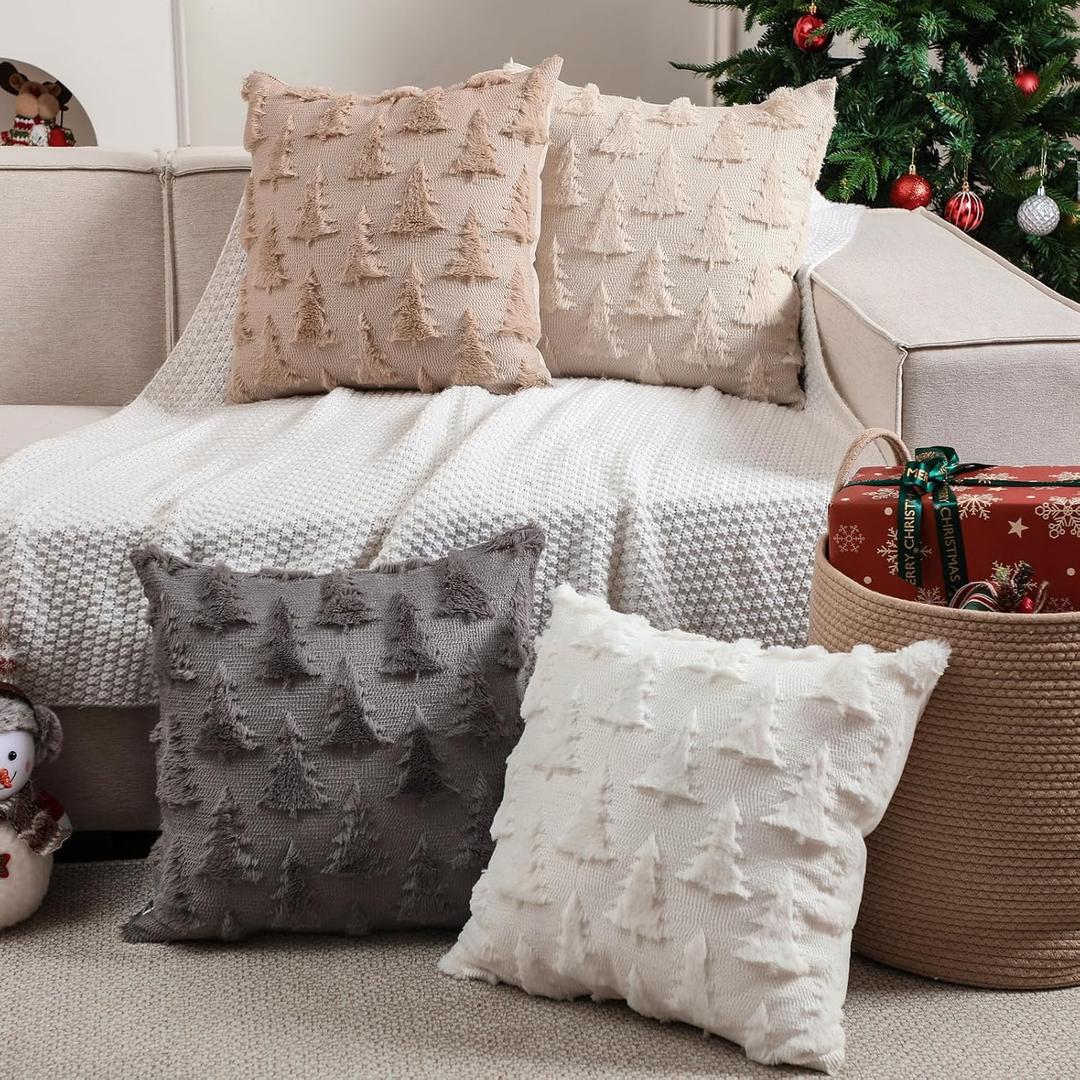 Mixweer Set of 4 Neutral Christmas Throw Pillow Covers 18 X18 Inch Christmas Tree Pillow Covers 3D Soft Plush Faux Fur Throw Cushion Cases Decor for Xmas Decoration Home Sofa Couch