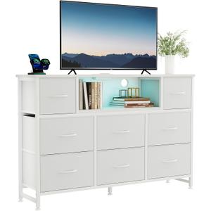 DUMOS LED Entertainment Center with Charging Station, TV Stand Dresser with 8 Fabric Drawers and Open Shelves, Wood Top Media Console for 45-55 inch, Bedroom, White, 11.8"D x 47.2"W x 31.5"H
