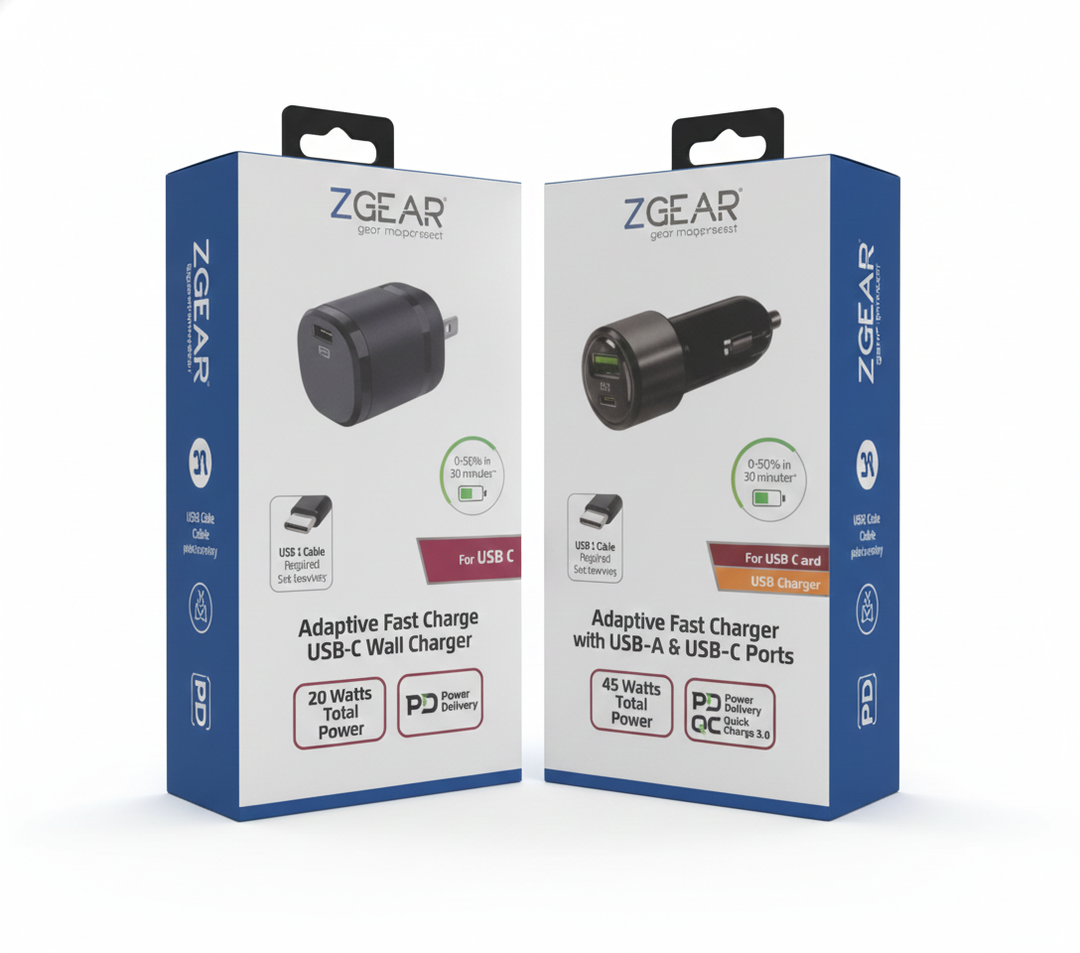 Z Gear USB-C Fast Wall Charger - 20 Watts and ZGear - Quick Charge 3.0 Car Charger - 45 Watts