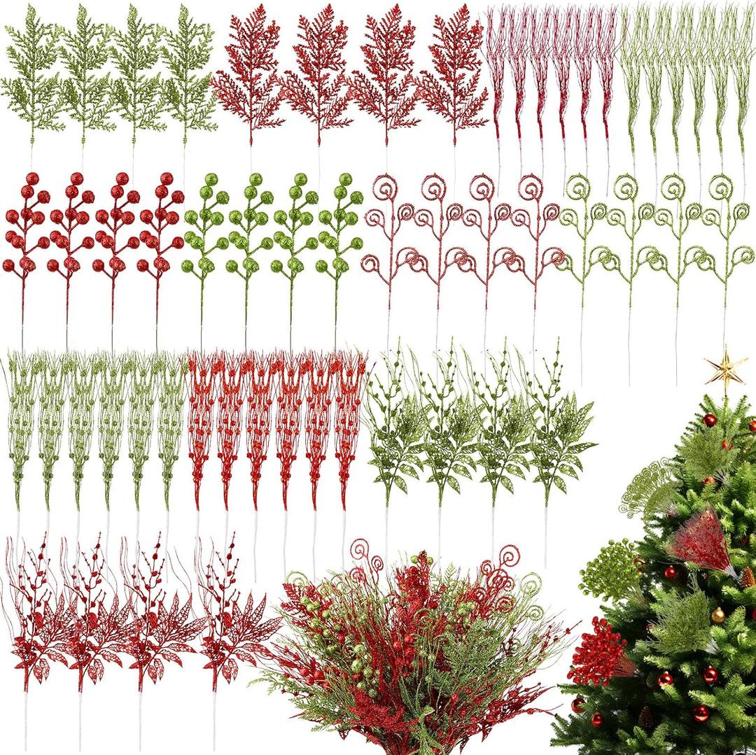 60 Pcs Glitter Christmas Tree Picks Set Red Green Artificial Glitter Berry Stem Ornaments Fake Christmas Picks Curly Xmas Tree Filler Holiday Decorations DIY Crafts Home Decoration