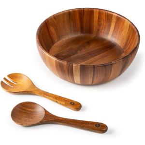 BILL.F Wooden Serving Bowl,12" Acacia Wood Large Salad Bowl Set with Salad Spoon and Fork for Fruits, Salads, Pasta