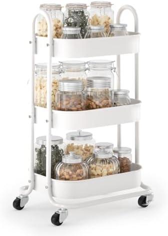 EAGMAK 3 Tier Rolling Cart, Round Metal Utility Cart with Lockable Wheels, Storage Cart Organizer Trolley with Mesh Shelves for Living Room, Kitchen, Bedroom, Office (White)