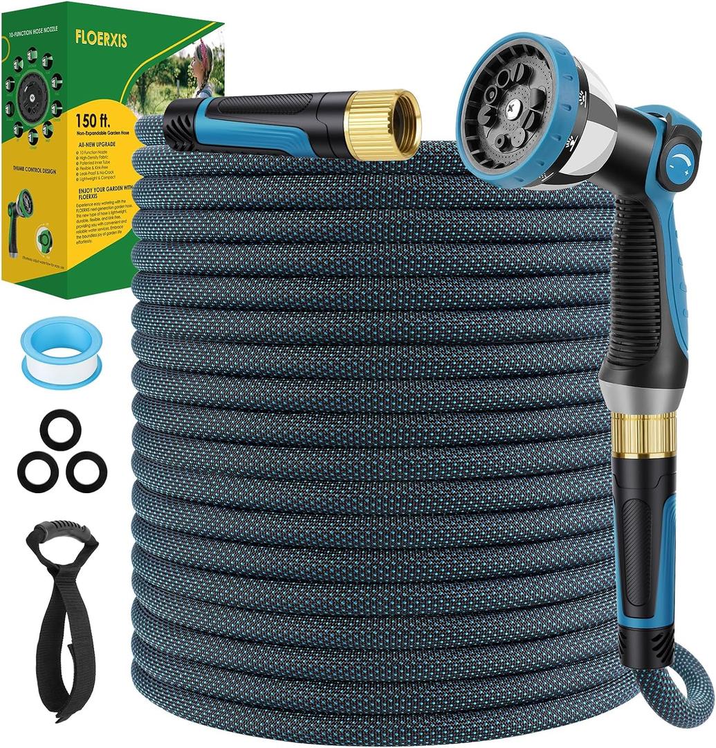 Non-Expandable Garden Hose 150 FT, Lightweight Hose with 10 Function Spray Nozzle, Kink-Free Flexible Water Hose, Durable, Leak-Proof, 360° Swivel Connectors, Portable Storage Strap, *** HOSE ONLY***