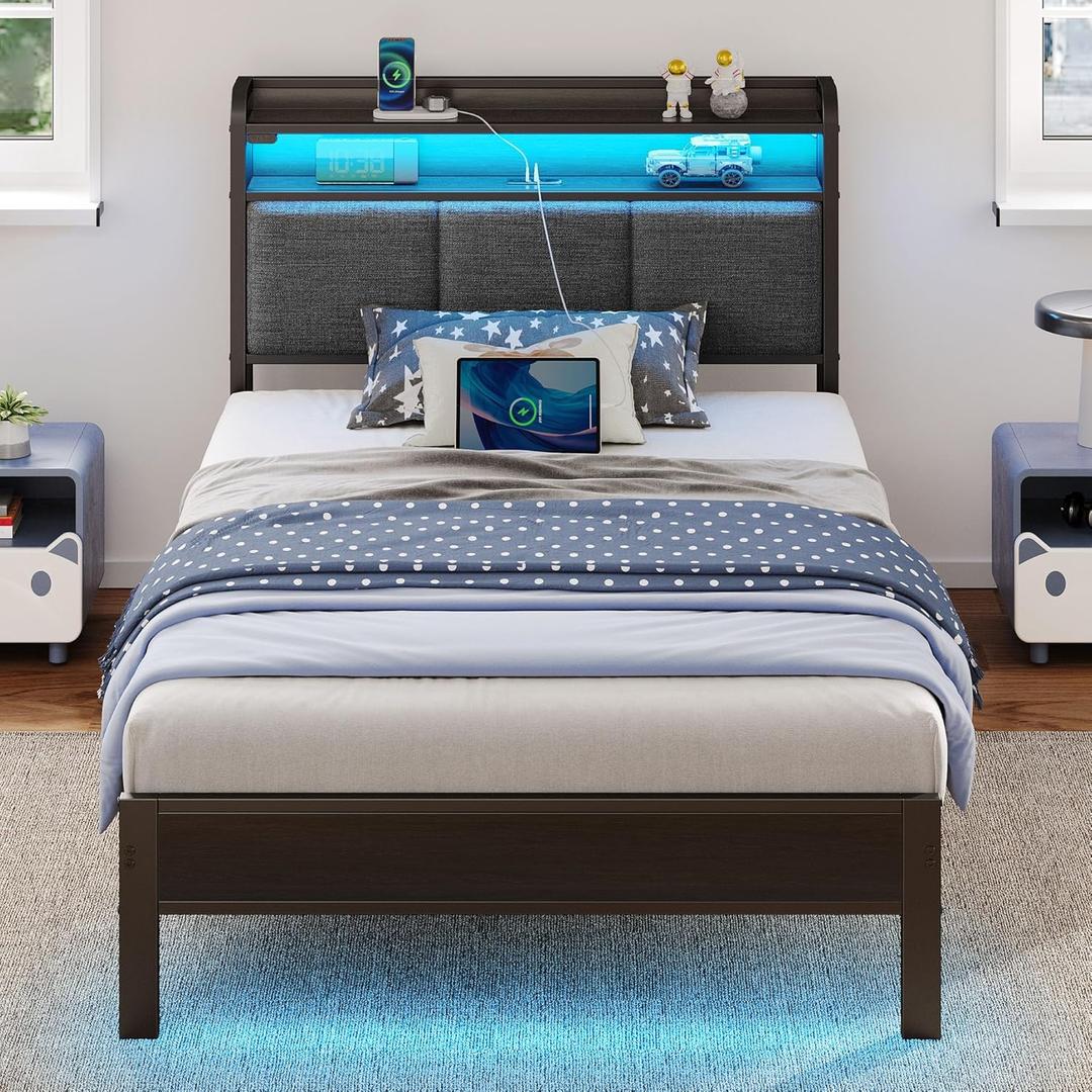 Rolanstar Bed Frame Twin Size with Charging Station and LED Lights, Upholstered Headboard with Storage Shelves, Heavy Duty Metal Slats, No Box Spring Need, Noise Free, Easy Assembly, Dark Grey