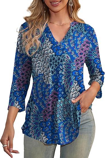 a.Jesdani Womens 3/4 Sleeve Floral Printed Notch V Neck Blouses Tunics Tops, Size XXL