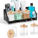 Marble Bathroom Countertop Organizer, Toothbrush Holders for Bathroom with 3PCS Qtip Holder Dispenser and Toothpaste Holder Drainage for Bathroom Accessories Organization Counter Vanity Storage